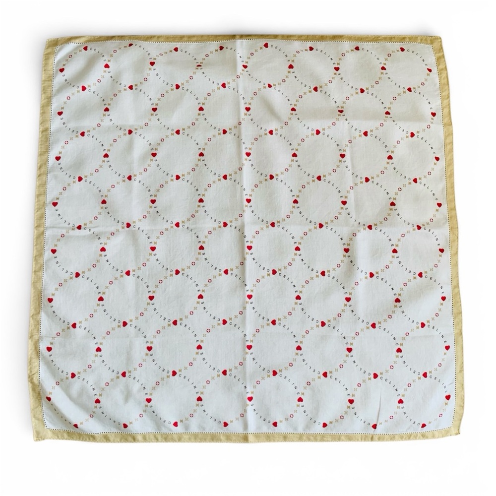 Celine Heart Print Cotton Scarf Handkerchief White Beige Red 22.5” Square